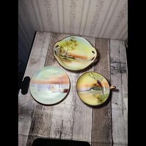 nippon hand painted 2 Handled Bowl/Beaded Serving Bowl With Handle/ 6 In Plate